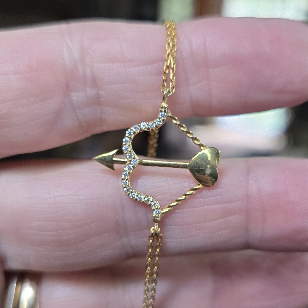 White Sapphire Sterling & Gold Arrow Heart Bracelet 14" - Picture 5 of 9